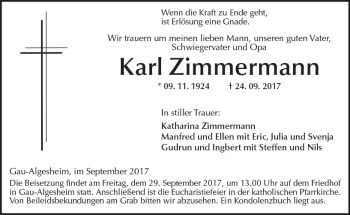 Traueranzeige von Karl Zimmermann von Trauerportal Rhein Main Presse