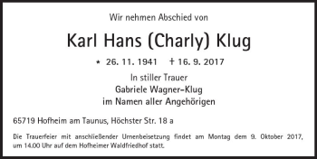 Traueranzeige von Karl Hans Klug von Trauerportal Rhein Main Presse