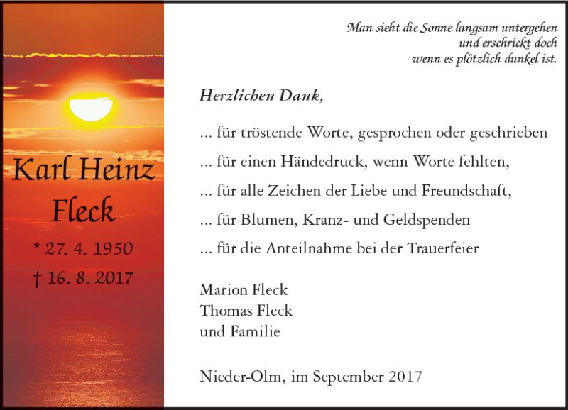  Traueranzeige für Karl Heinz Fleck vom 16.09.2017 aus Trauerportal Rhein Main Presse