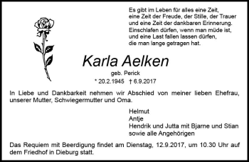 Traueranzeige von Karla Aalken von Trauerportal Echo Online