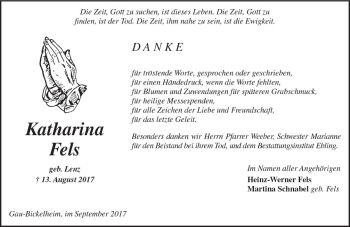 Traueranzeige von Katharina Fels von Trauerportal Rhein Main Presse