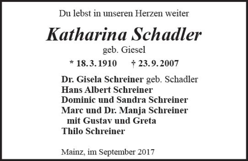  Traueranzeige für Katharina Schadler vom 23.09.2017 aus Trauerportal Rhein Main Presse