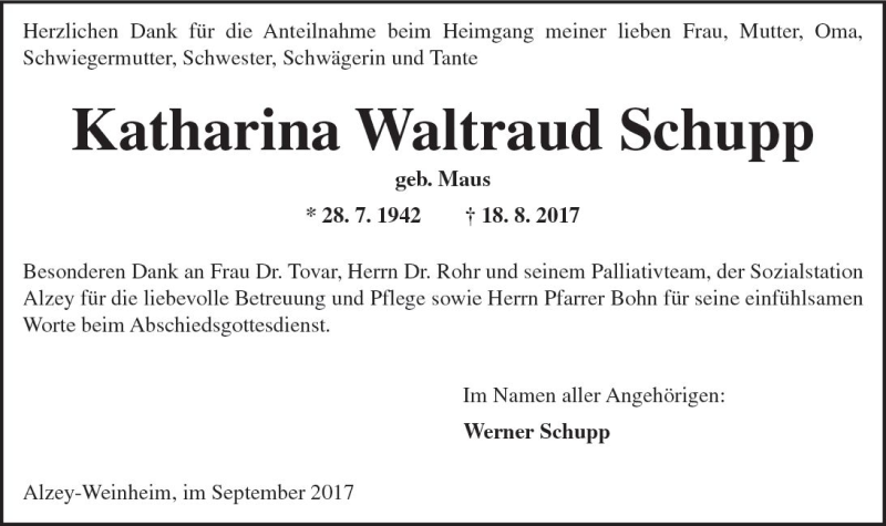  Traueranzeige für Katharina Waltraud Schupp vom 16.09.2017 aus Trauerportal Rhein Main Presse