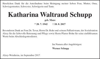 Traueranzeige von Katharina Waltraud Schupp von Trauerportal Rhein Main Presse