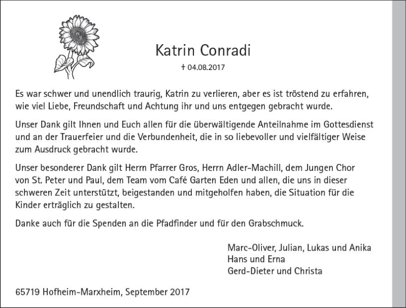  Traueranzeige für Katrin Conrad vom 08.09.2017 aus Trauerportal Rhein Main Presse