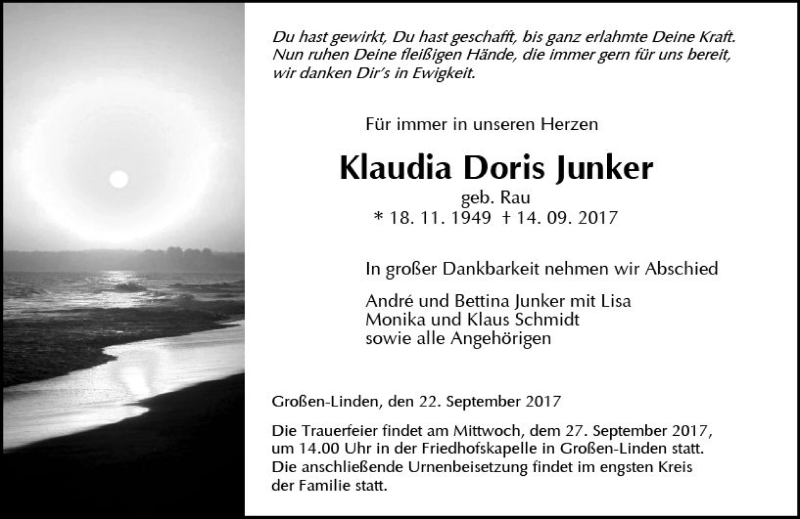  Traueranzeige für Klaudia Doris Junker vom 22.09.2017 aus VRM Trauer