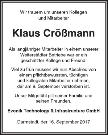 Traueranzeige von Klaus Crössmann von Trauerportal Echo Online