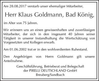 Traueranzeige von Klaus Goldmann von Trauerportal Echo Online