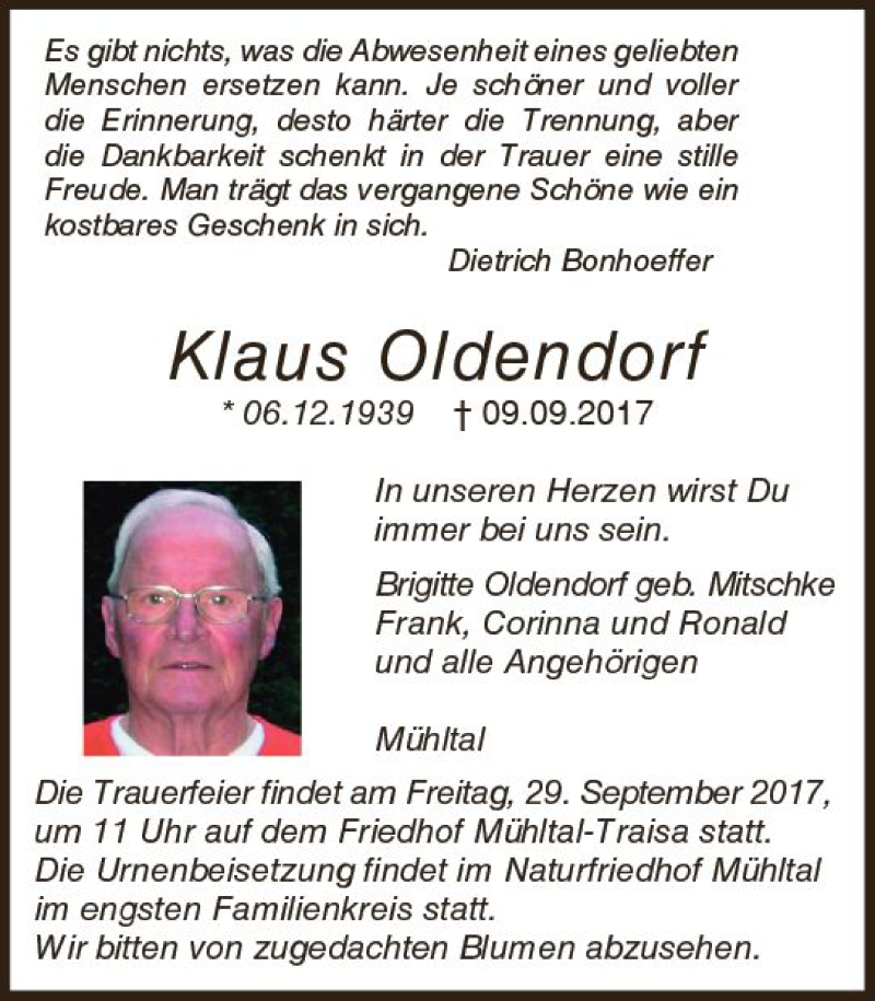  Traueranzeige für Klaus Oldendorf vom 23.09.2017 aus Trauerportal Echo Online