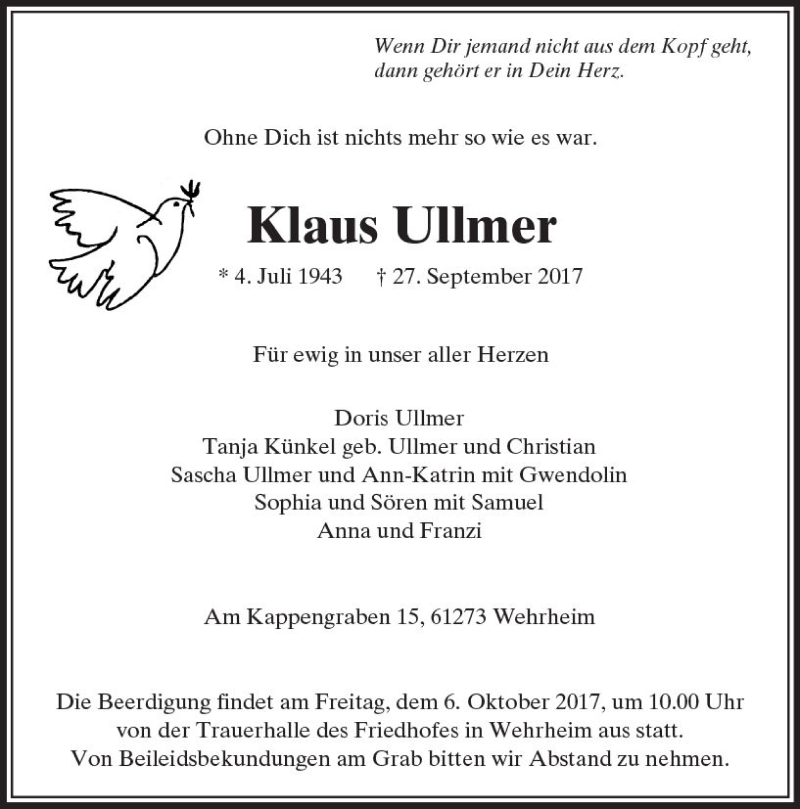  Traueranzeige für Klaus Ullmer vom 30.09.2017 aus  Usinger Anzeiger