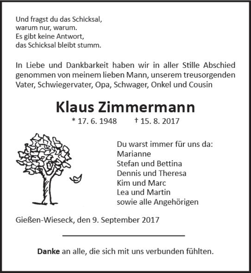  Traueranzeige für Klaus Zimmermann vom 09.09.2017 aus  Gießener Anzeiger