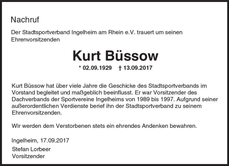  Traueranzeige für Kurt Büssow vom 19.09.2017 aus Trauerportal Rhein Main Presse
