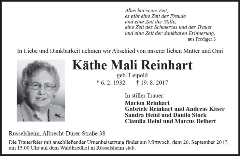  Traueranzeige für Käthe Mali Reinhart vom 16.09.2017 aus Trauerportal Rhein Main Presse