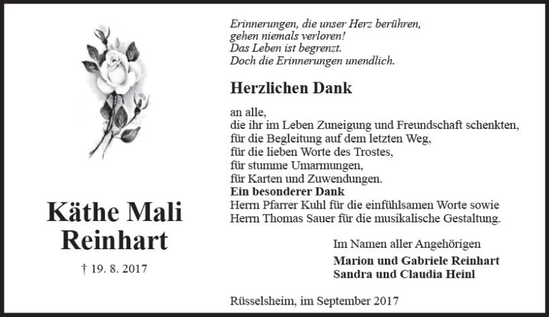  Traueranzeige für Käthe Mali Reinhart vom 30.09.2017 aus Trauerportal Rhein Main Presse