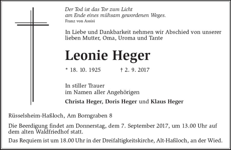  Traueranzeige für Leonie Heger vom 05.09.2017 aus Trauerportal Rhein Main Presse
