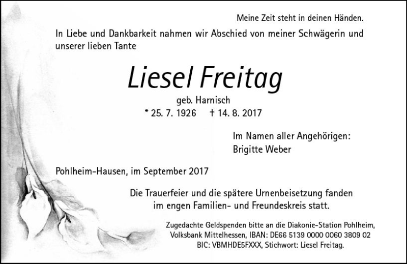 Traueranzeige für Liesel Freitag vom 09.09.2017 aus  Gießener Anzeiger