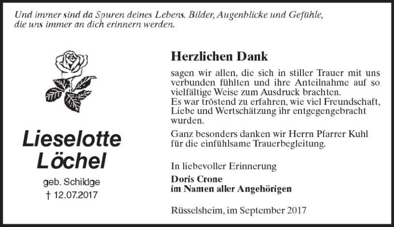  Traueranzeige für Lieselotte Löchel vom 02.09.2017 aus Trauerportal Rhein Main Presse