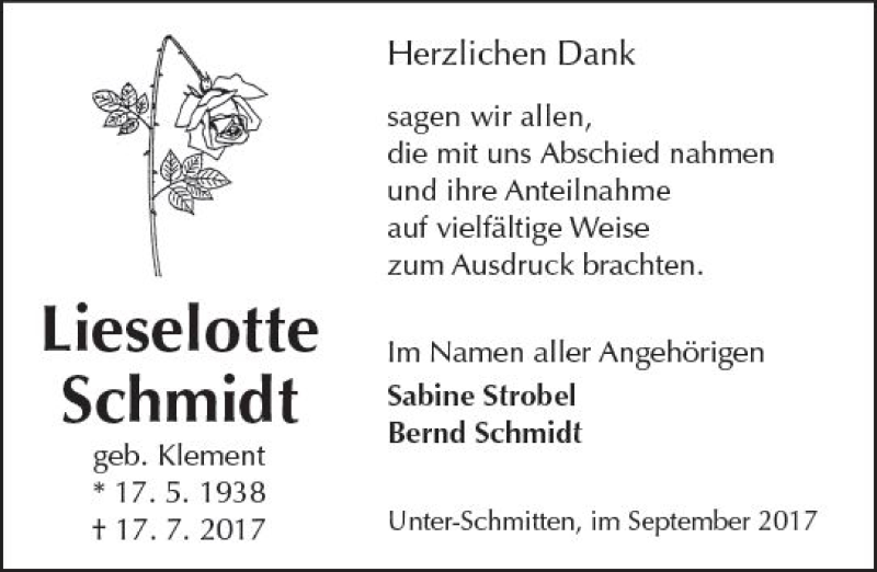  Traueranzeige für Lieselotte Schmidt vom 02.09.2017 aus  Kreisanzeiger