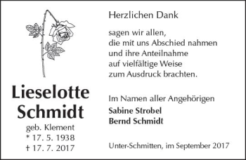 Traueranzeige von Lieselotte Schmidt von  Kreisanzeiger