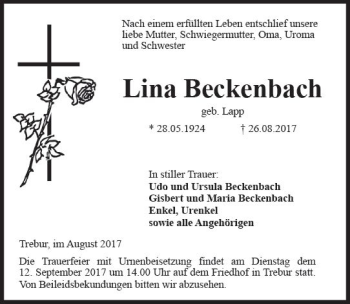 Traueranzeige von Lina Beckenbach von Trauerportal Rhein Main Presse