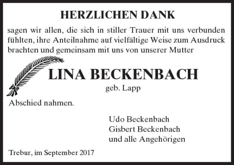  Traueranzeige für Lina Beckenbach vom 29.09.2017 aus Trauerportal Rhein Main Presse