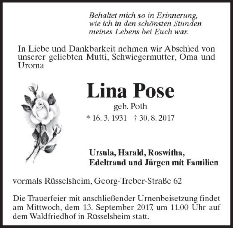  Traueranzeige für Lina Pose vom 09.09.2017 aus Trauerportal Rhein Main Presse