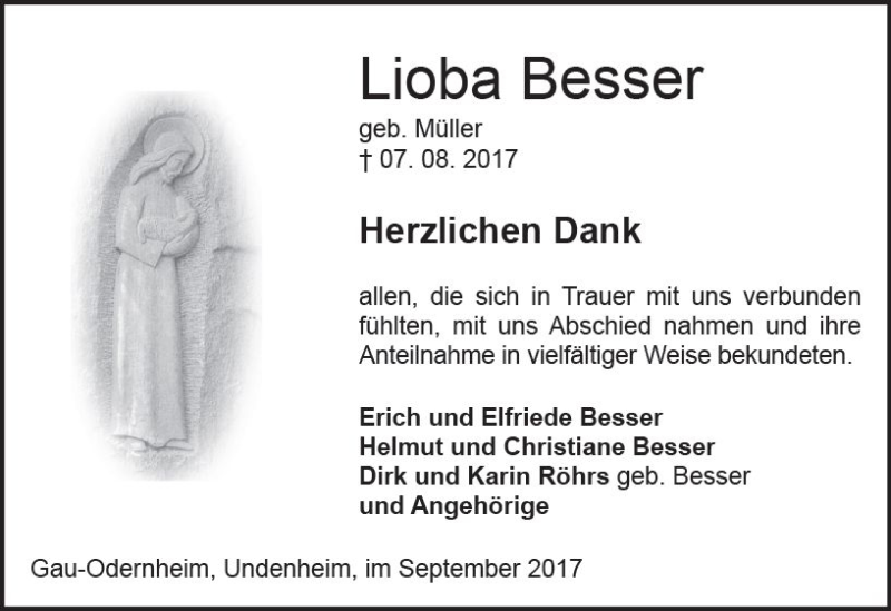  Traueranzeige für Lioba Besser vom 16.09.2017 aus Trauerportal Rhein Main Presse