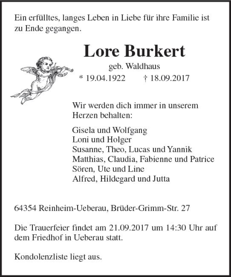  Traueranzeige für Lore Burkert vom 20.09.2017 aus Trauerportal Echo Online