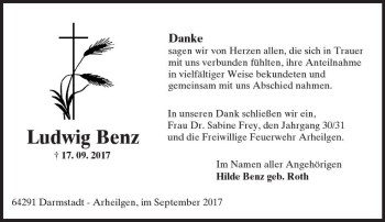 Traueranzeige von Ludwig Benz von Trauerportal Echo Online
