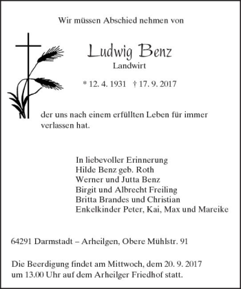 Traueranzeige von Ludwig Benz von Trauerportal Echo Online