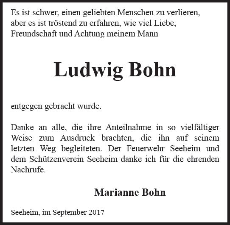  Traueranzeige für Ludwig Bohn vom 30.09.2017 aus Trauerportal Echo Online