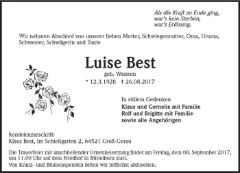 Traueranzeige von Luise Best von Trauerportal Echo Online