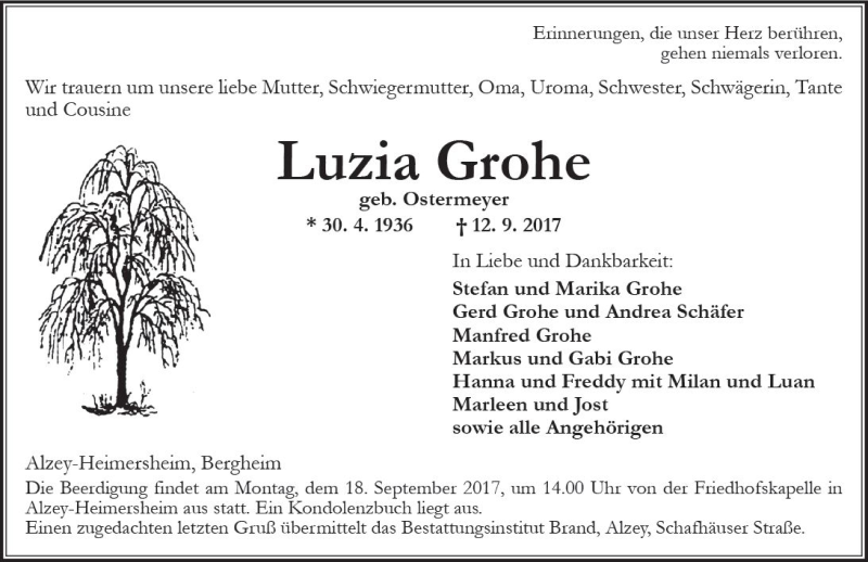  Traueranzeige für Luzia Grohe vom 14.09.2017 aus Trauerportal Rhein Main Presse