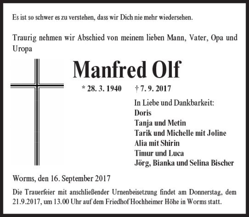  Traueranzeige für Manfred Olf vom 16.09.2017 aus Trauerportal Rhein Main Presse
