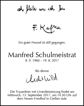 Traueranzeige von Manfred Schulmeistrat von  Gießener Anzeiger