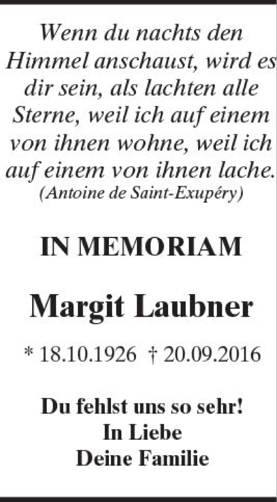  Traueranzeige für Margit Laubner vom 20.09.2017 aus  Usinger Anzeiger