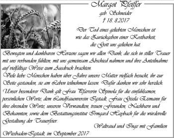 Traueranzeige von Margot Pfeiffer von Trauerportal Rhein Main Presse