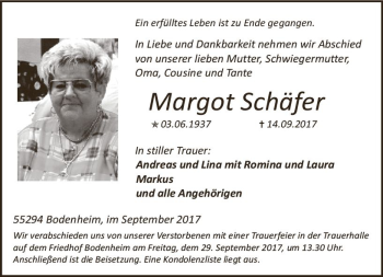 Traueranzeige von Margot Schäfer von Trauerportal Rhein Main Presse