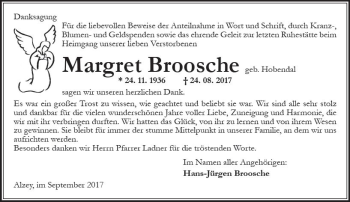 Traueranzeige von Margret Broosche von Trauerportal Rhein Main Presse
