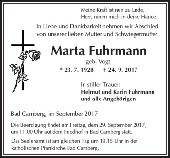 Traueranzeige von Maria Fuhrmann von  Camberger Anzeiger