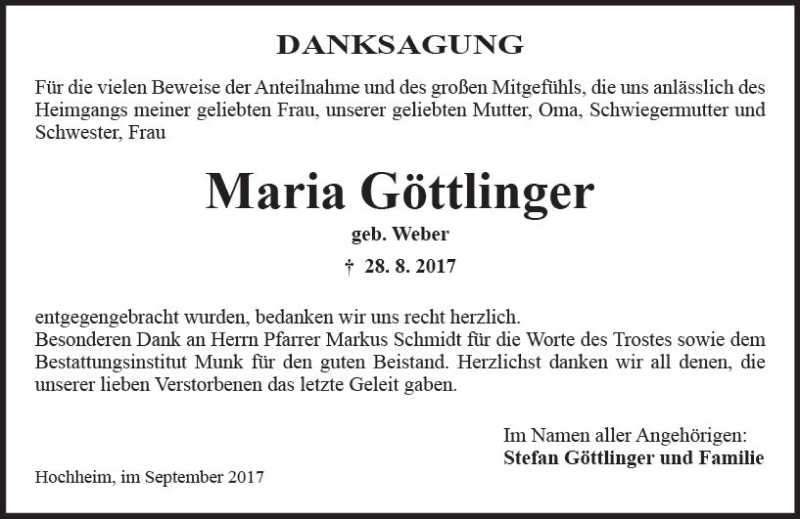  Traueranzeige für Maria Göttlinger vom 15.09.2017 aus Trauerportal Rhein Main Presse