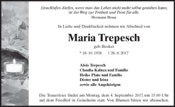 Traueranzeige von Maria Trepesch von Trauerportal Echo Online