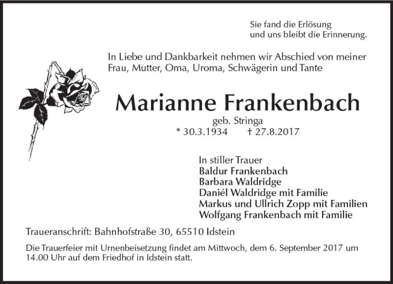  Traueranzeige für Marianne Frankenbach vom 02.09.2017 aus Trauerportal Rhein Main Presse