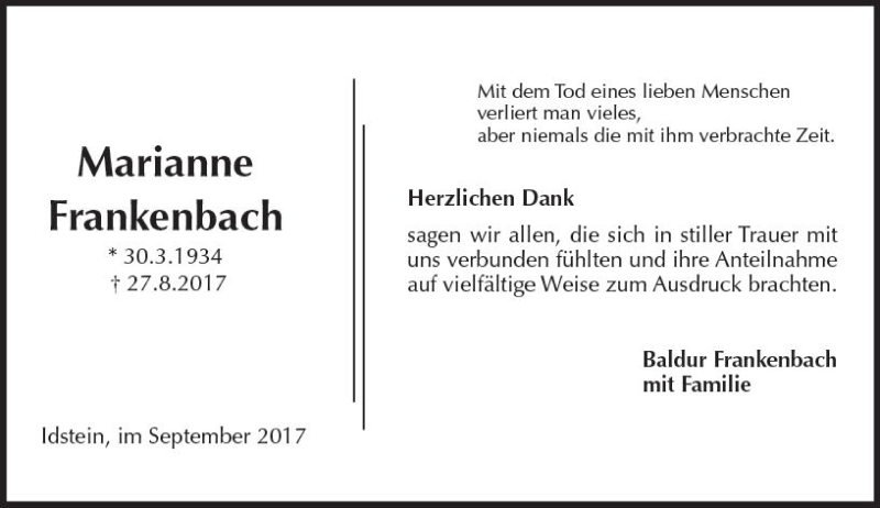  Traueranzeige für Marianne Frankenbach vom 23.09.2017 aus Trauerportal Rhein Main Presse