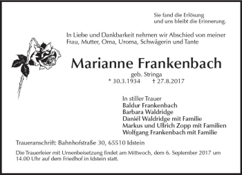Traueranzeige von Marianne Frankenbach von Trauerportal Rhein Main Presse