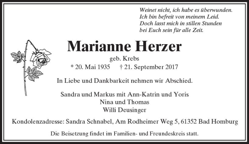  Traueranzeige für Marianne Herzer vom 28.09.2017 aus  Usinger Anzeiger