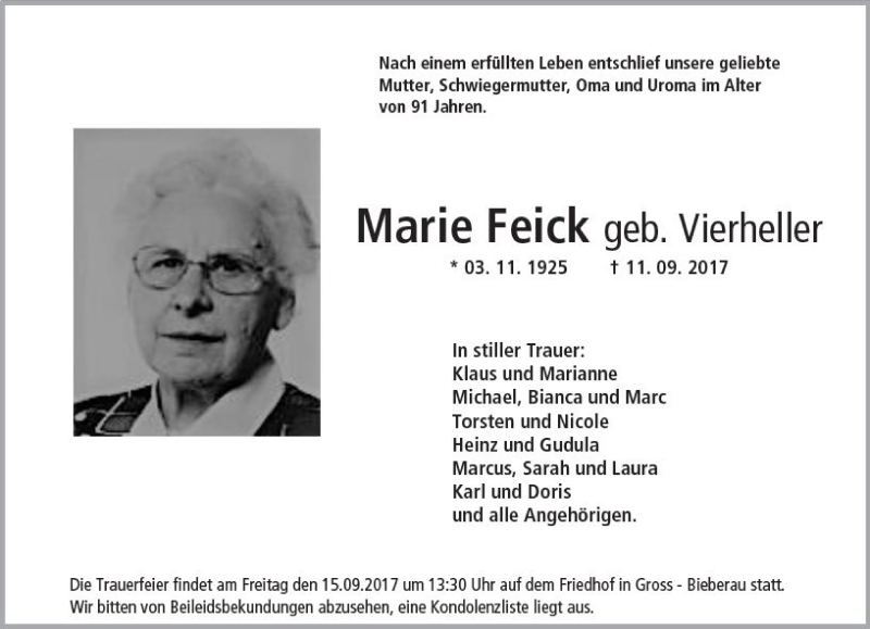  Traueranzeige für Marie Feick vom 14.09.2017 aus Trauerportal Rhein Main Presse