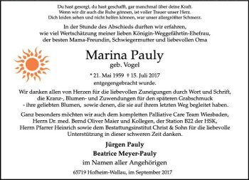 Traueranzeige von Marina Pauly von Trauerportal Rhein Main Presse