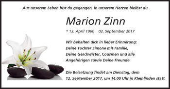 Traueranzeige von Marion Zinn von  Gießener Anzeiger