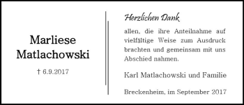 Traueranzeige von Marliese Matlachowski von Trauerportal Rhein Main Presse